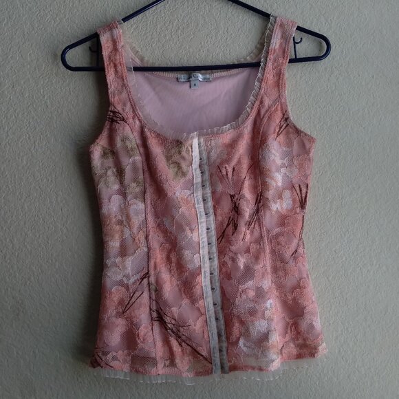 Vintage Tops - Vintage Y2K Moa Moa Pink Floral Tank Top with Ruffle Trim